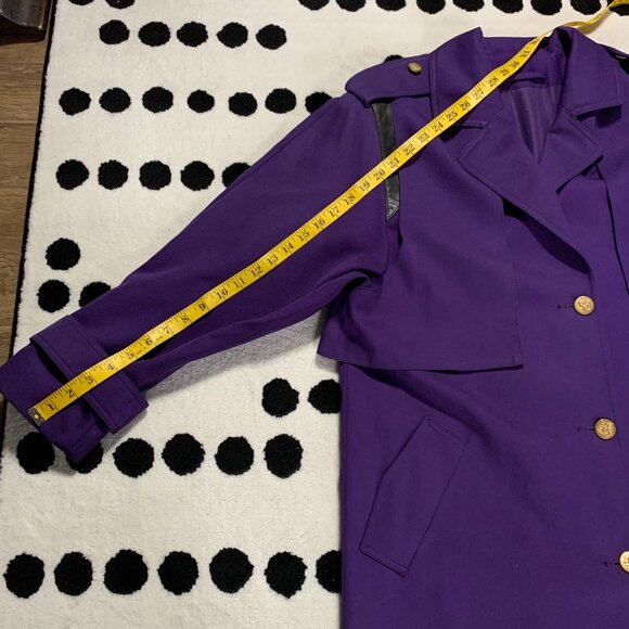 Vintage 80s 90s Purple Wool Gold Button Beltless Long Trench Coat Retro Overcoat - Picture 16 of 16